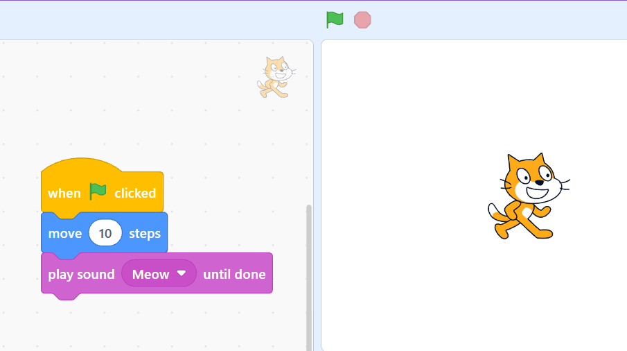 Screenshot: the Scratch or mBlock window with a small script built