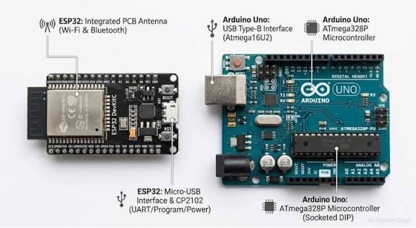 Photo: an ESP32 dev board next to an Arduino Uno for scale, both on the bench