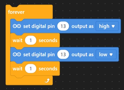 Screenshot: the finished blink program in mBlock, blocks assembled inside the forever loop
