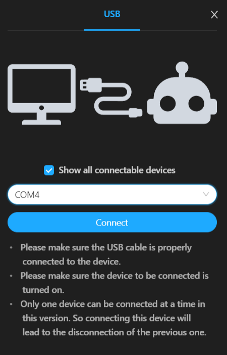 Screenshot: mBlock with the Connect dialog open, showing the board selected