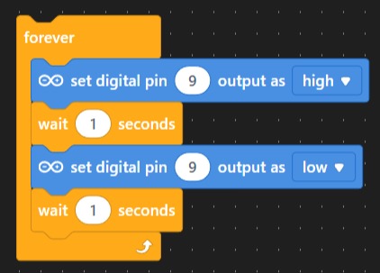 Screenshot: the same blink program in mBlock with the pin number changed to 9
