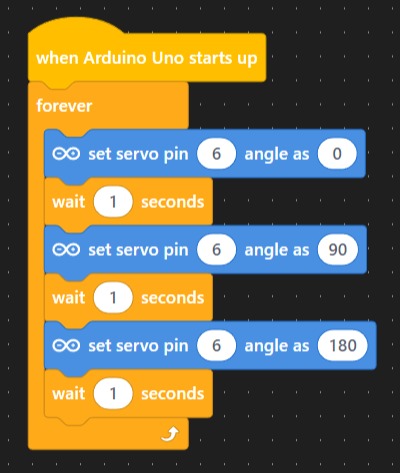 Screenshot: mBlock servo angle blocks with the pin and angle set